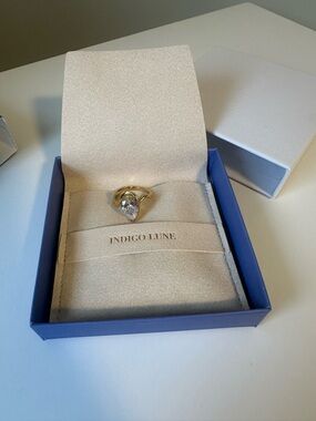 Indigo Blue Gold Ring with Teardrop Clear Stone